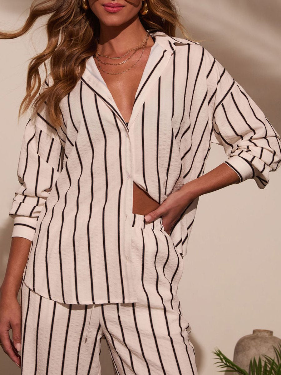 Casual Simple Striped Shirt Wide-Leg Pants Set