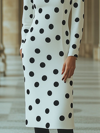 High-end and Fashionable Half-high Collar Black Polka Dot White Satin Midi Dress