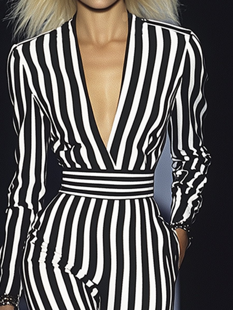 Elegant Classic V-Neck Striped Long Sleeve Jumpsuit