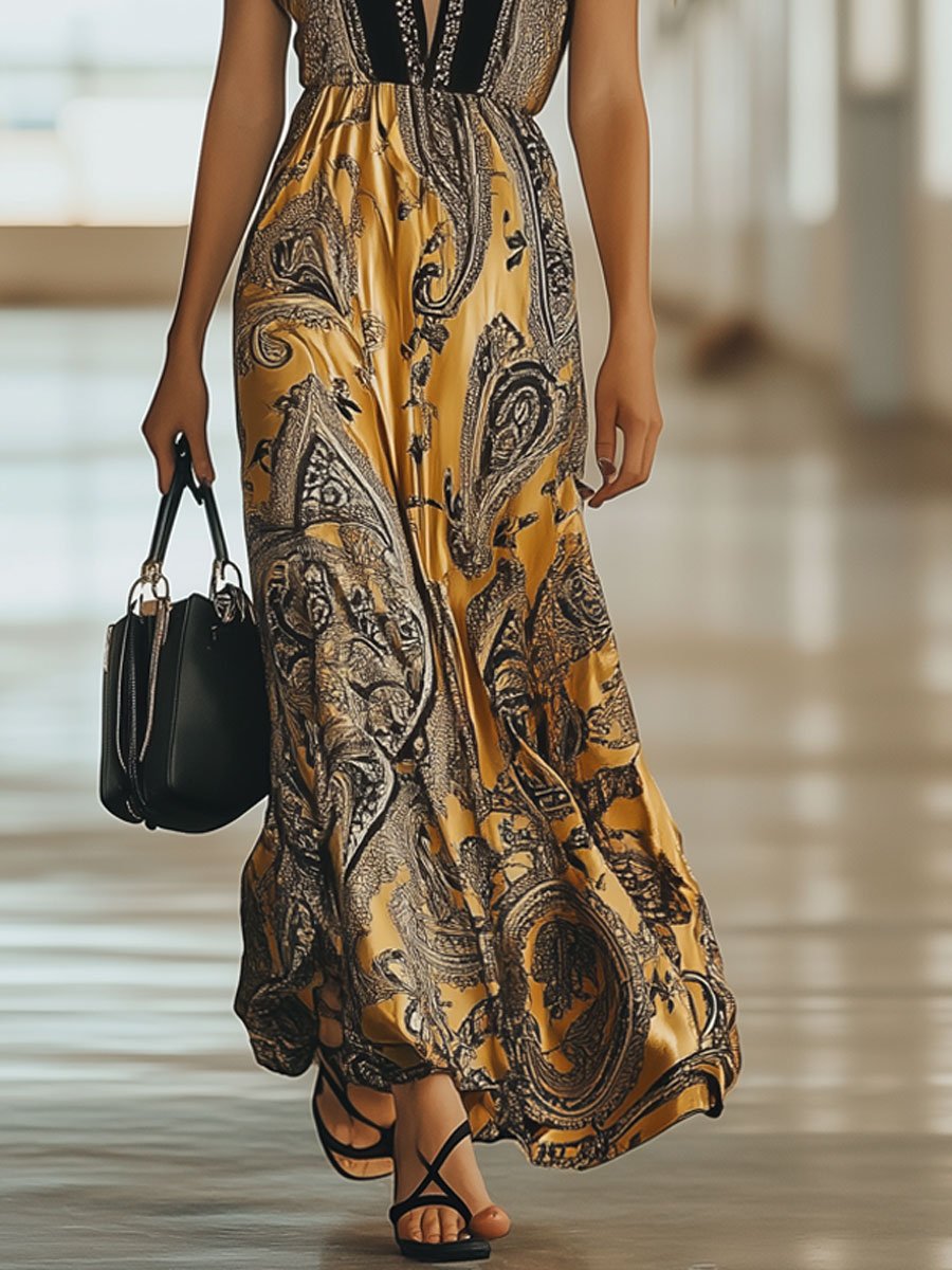 Fashion Party Cashew Flower Print Yellow Satin V-Neck Short Sleeve Maxi Dress