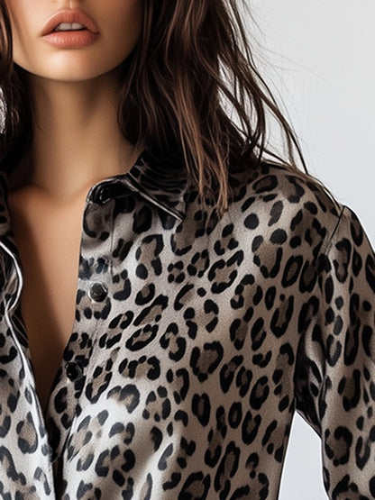 Lazy Fashion Leopard Print Long Sleeve Lapel Print Shirt