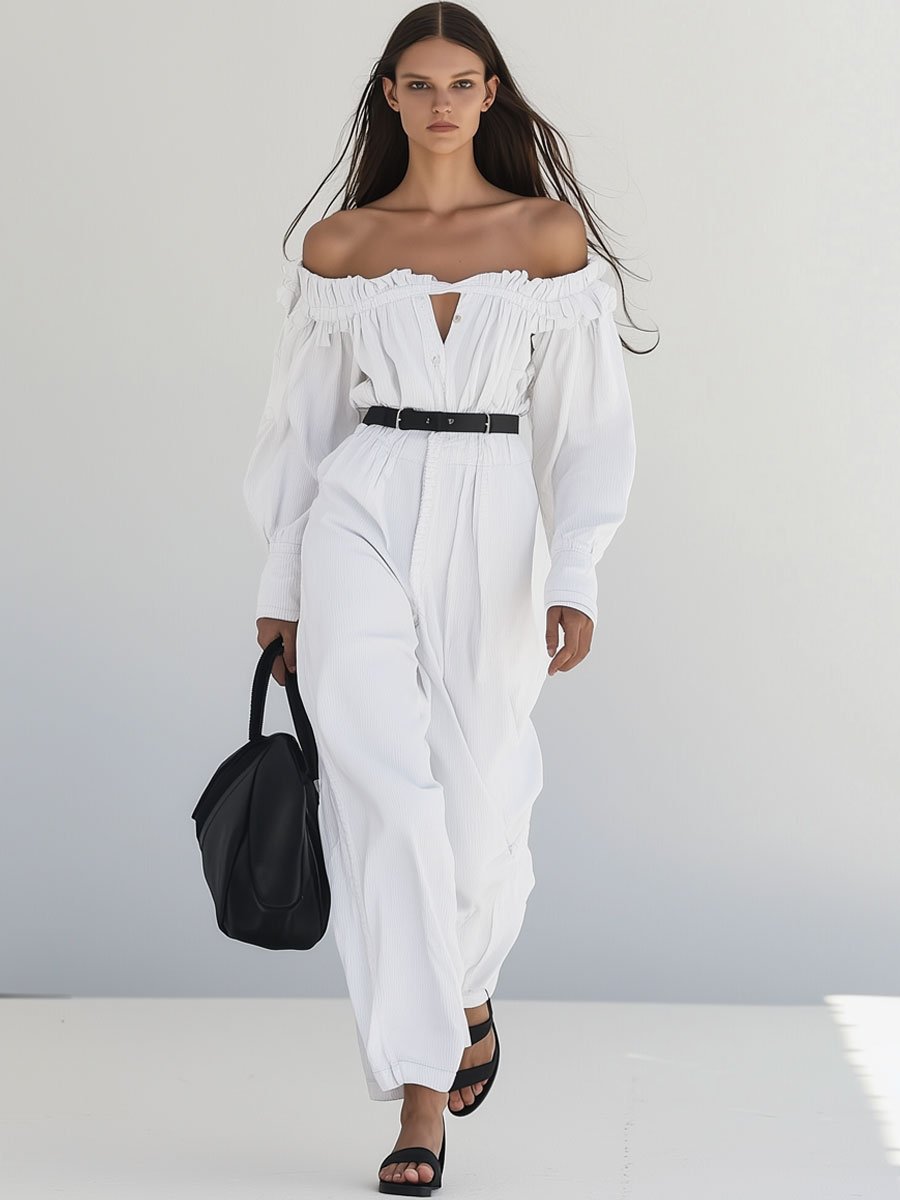 Casual Loose Retro White Corduroy Ruffled Off-Shoulder Long-Sleeved Jumpsuit