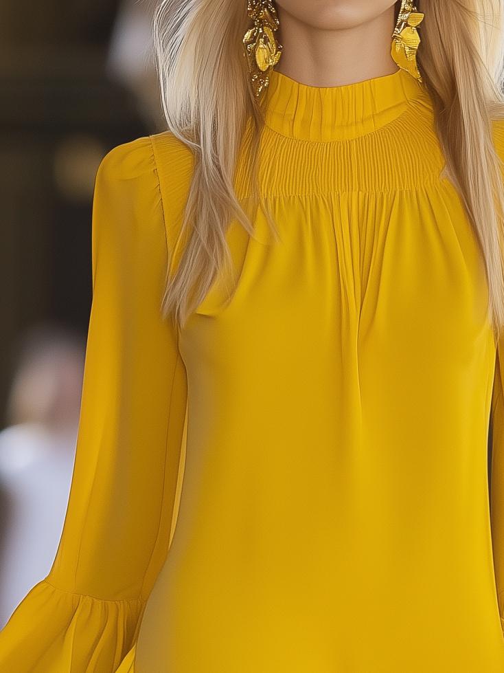 Vibrant Yellow Ruffle Chiffon Long Sleeve Mini Dress