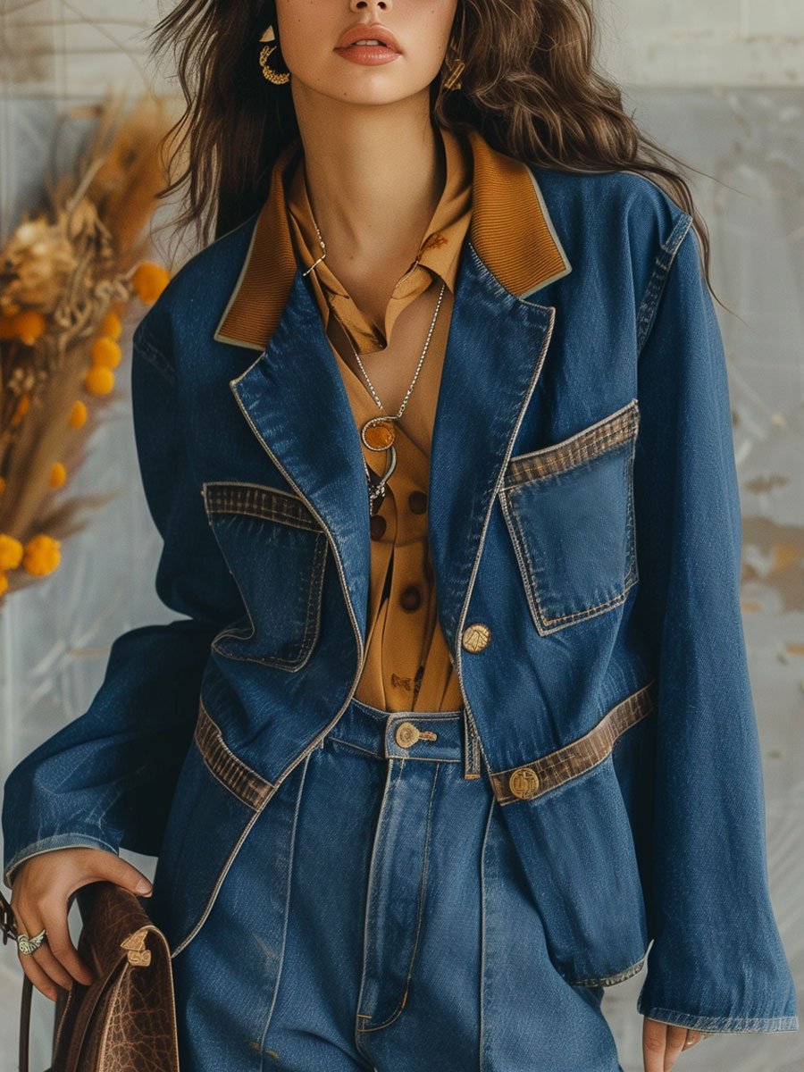 Casual Loose Retro Denim Corduroy Patchwork Pocket Blazer