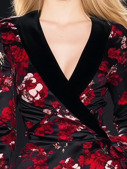 Luxurious Satin Printed V-Neck Black Long Sleeve Midi Dress