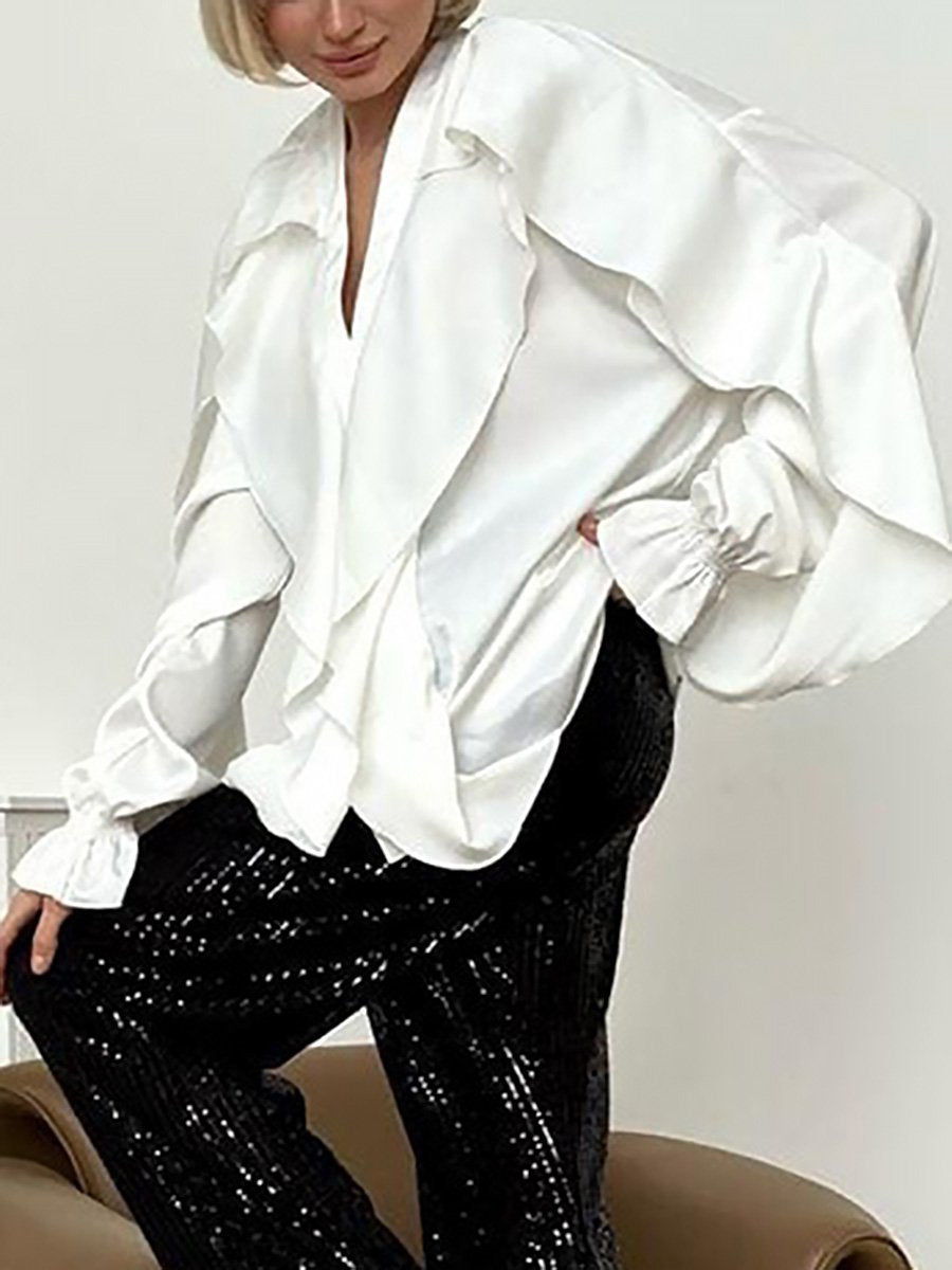 French V-Neck Ruffled Puff Sleeve Satin Long-Sleeved Shirt