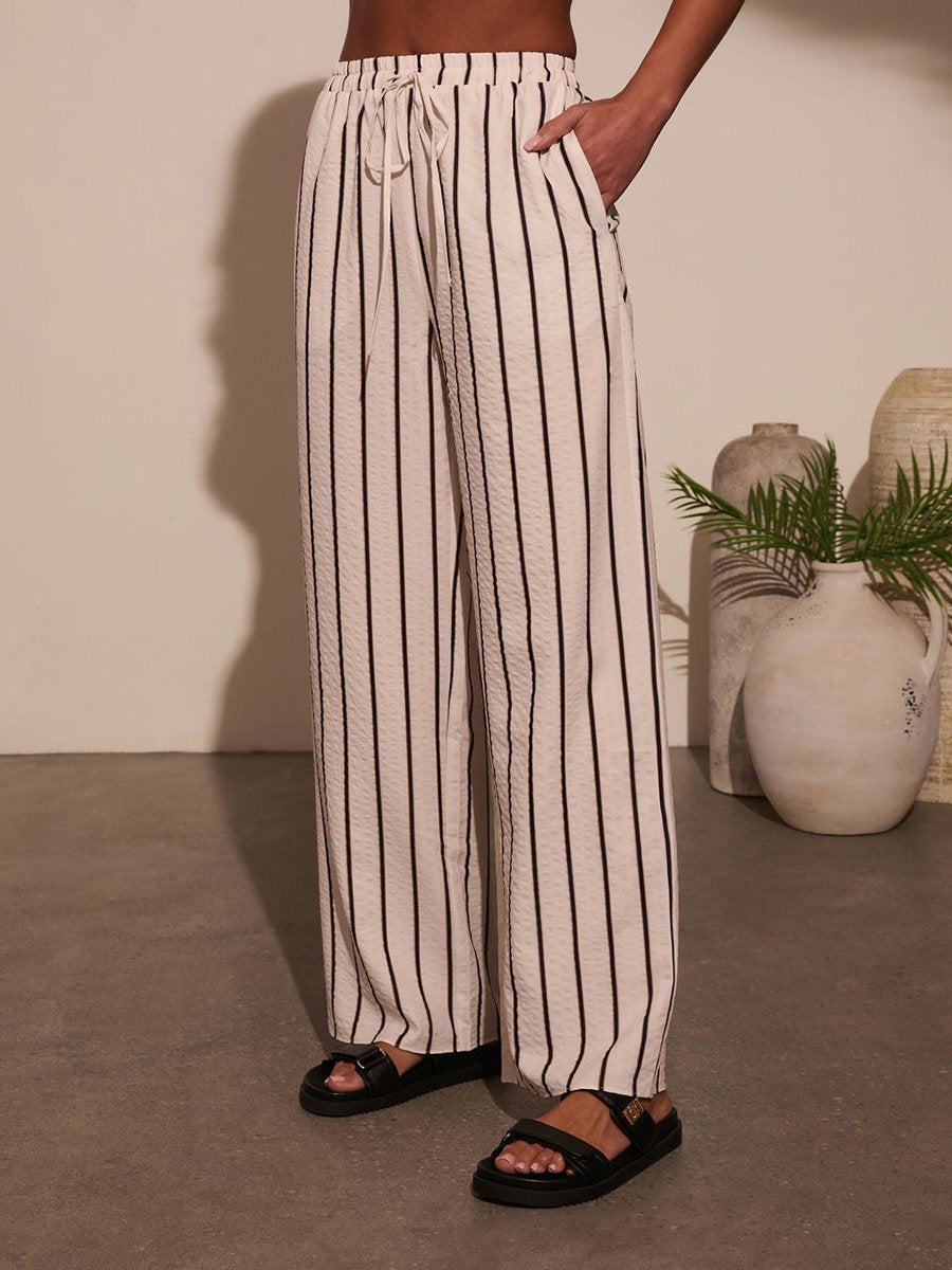 Casual Simple Striped Shirt Wide-Leg Pants Set