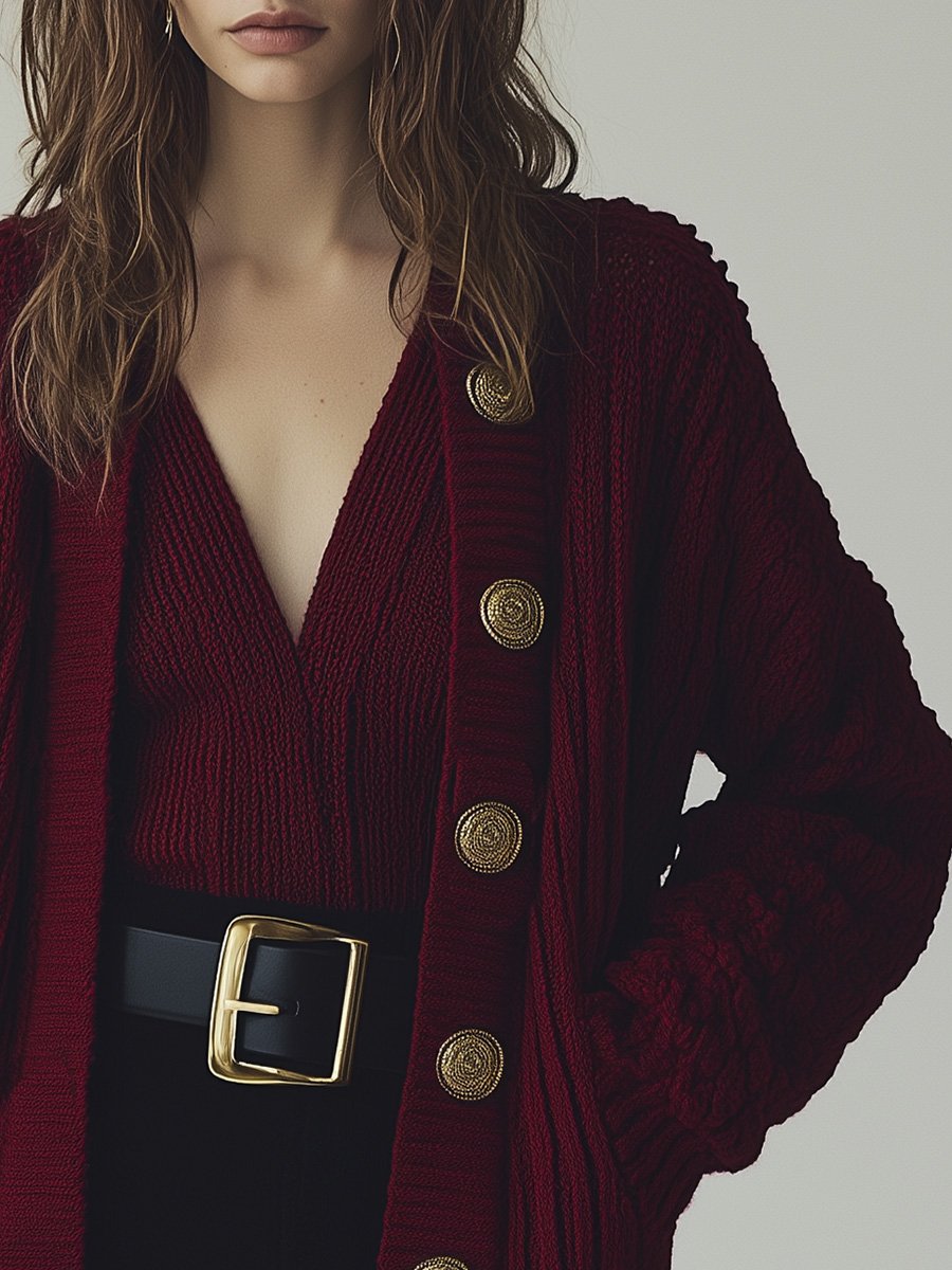 Casual Retro Chic Button Decorated Burgundy Knit Cardigan