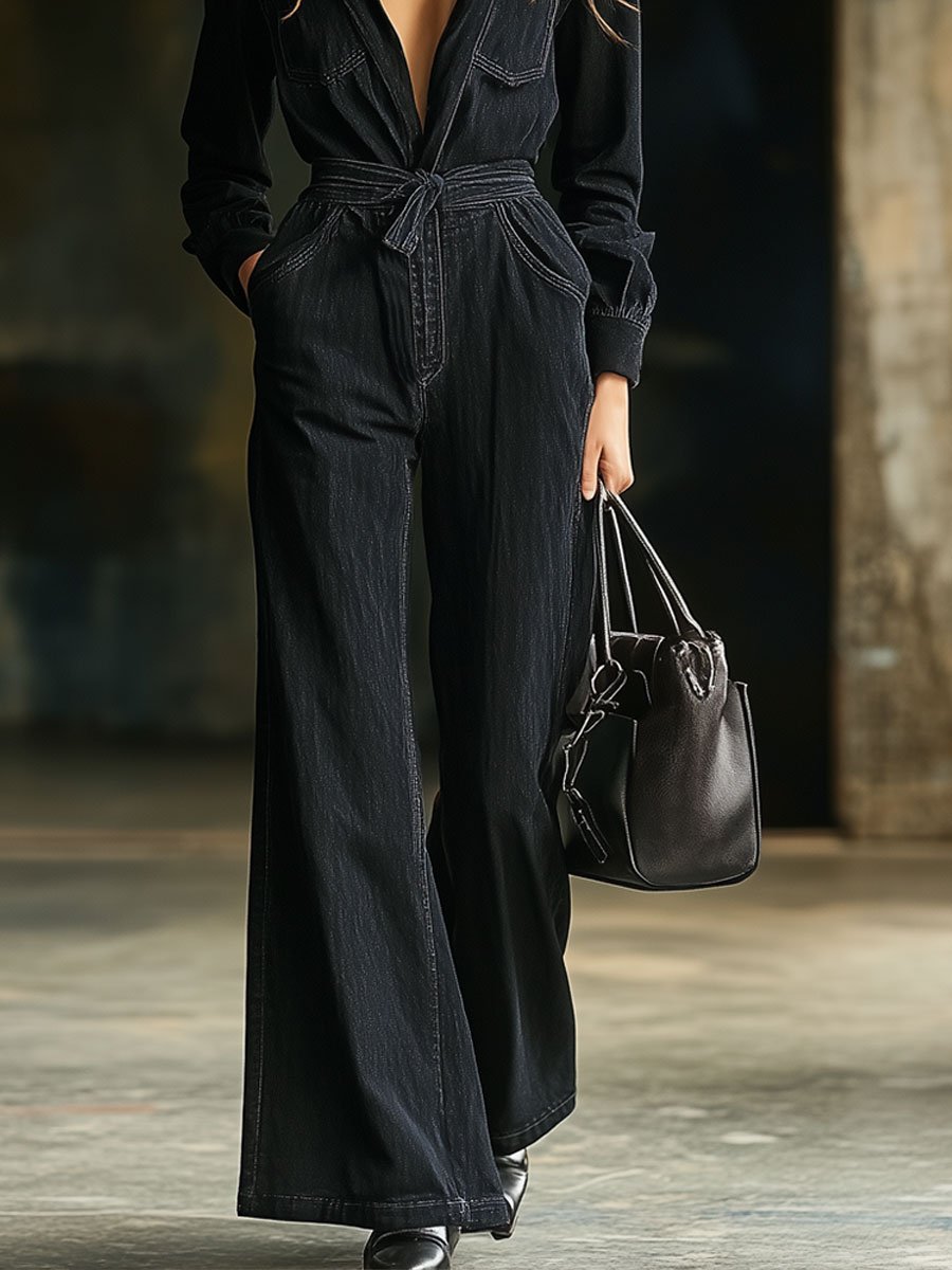 【24-hour shipping】Casual Multi-Pocket Belted Long Sleeve Black Flared Denim Jumpsuit