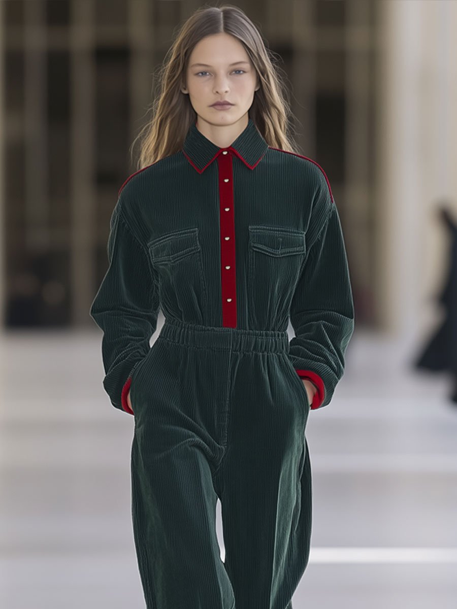 Casual Loose Retro Red And Green Corduroy Long-Sleeved Jumpsuit