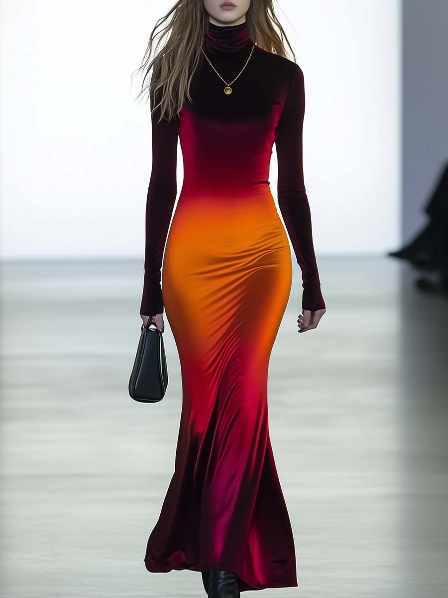 Elegant High-end High-neck Slim-fit Wine Red and Orange Gradient Satin Maxi Dress