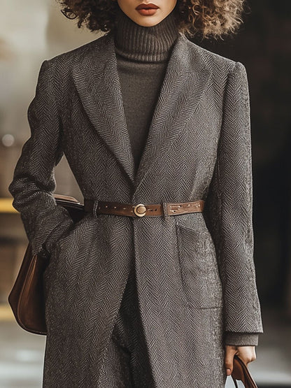 Casual Loose Herringbone Wool Pocket Coat