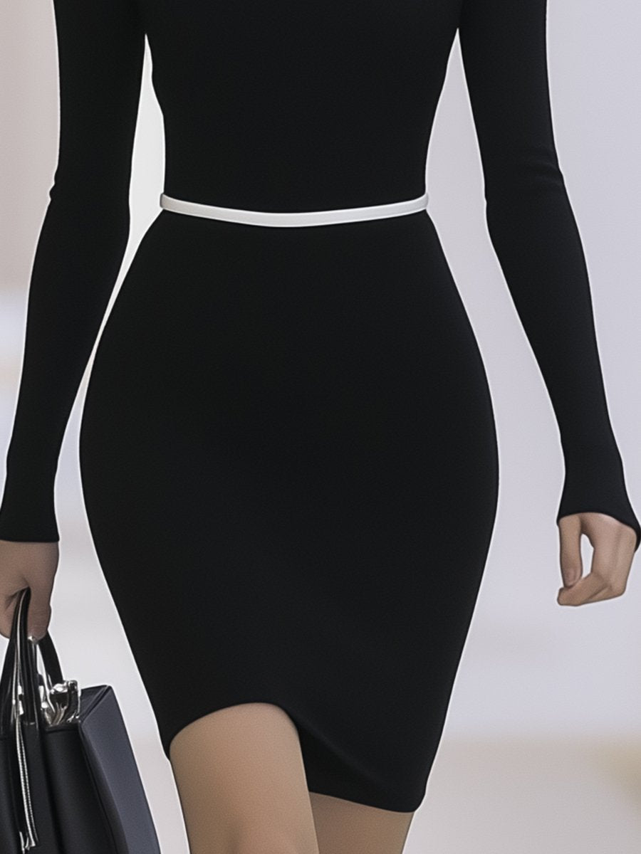 Elegant Polo Neck White Line Black Long Sleeve Mini Dress