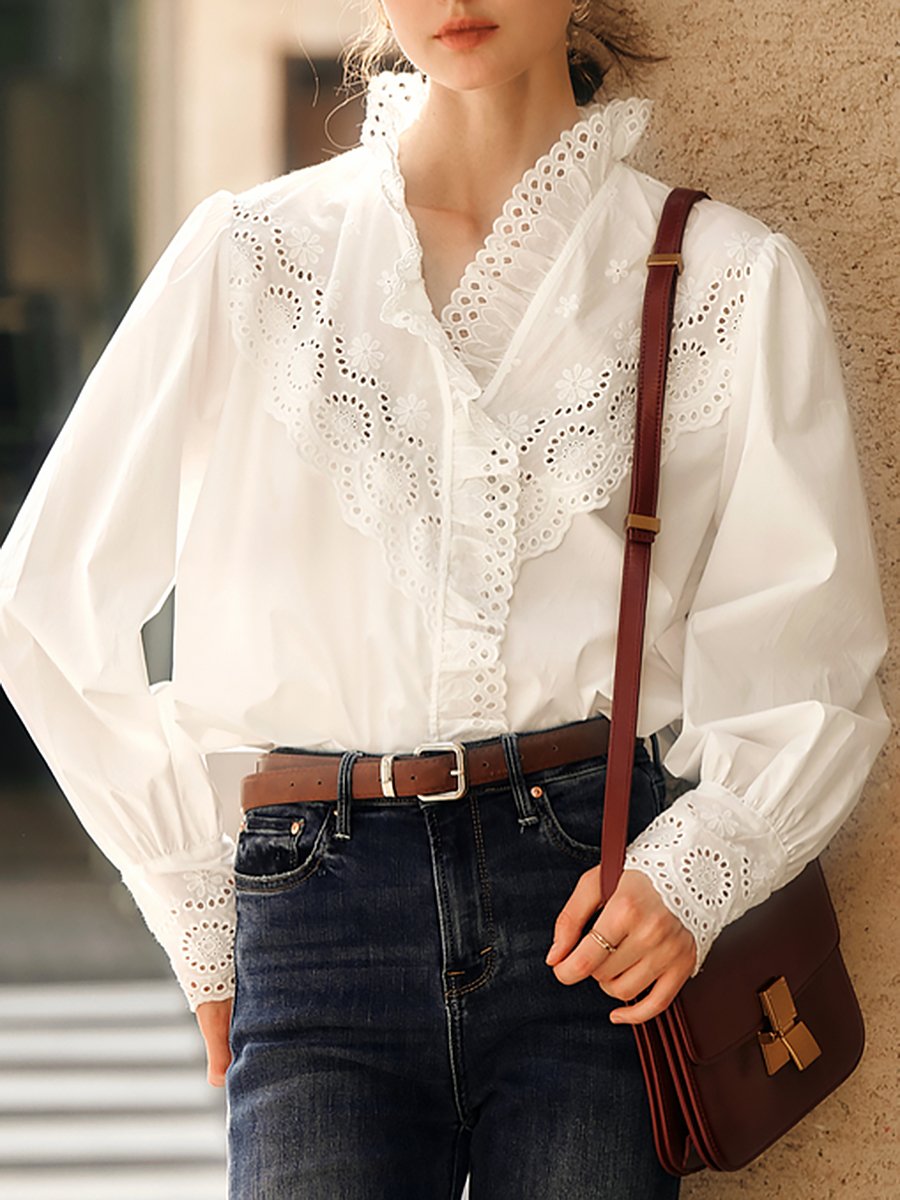 Loose Fashionable Elegant Lace Cotton White Shirt