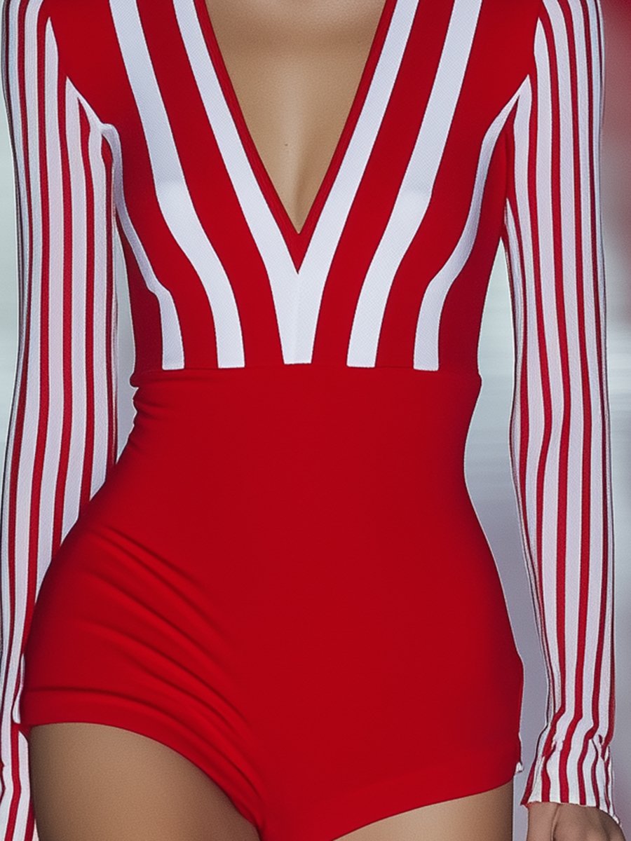 Sports Fashion V-neck White Striped Red Short Jumpsuit