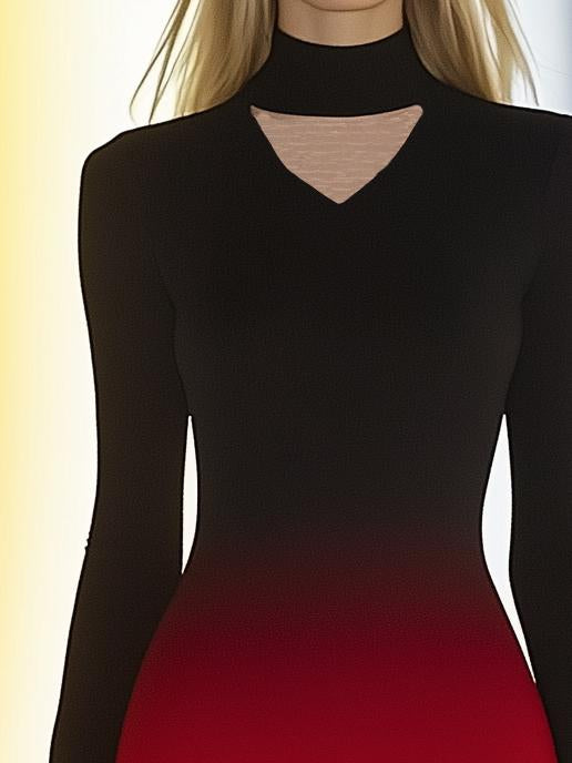 Temperament Hollow Neckline Black Gradient Long Sleeve Midi Dress