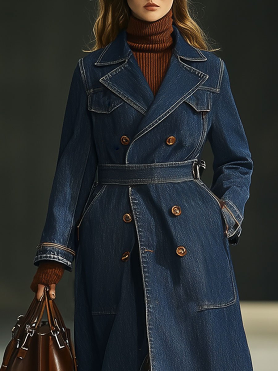 Casual Retro Double-Breasted Mid-Length Denim Trench Coat