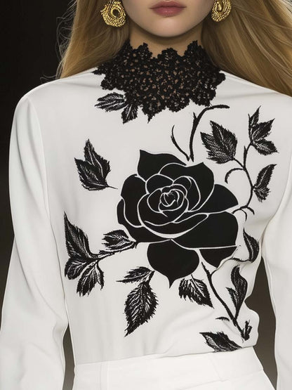 Elegant Personality Half Turtleneck Lace Splicing Rose Silhouette Print T-shirt