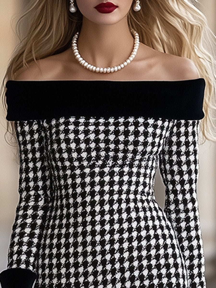 Retro And Elegant High-End One-Shoulder Stitching Houndstooth Dress