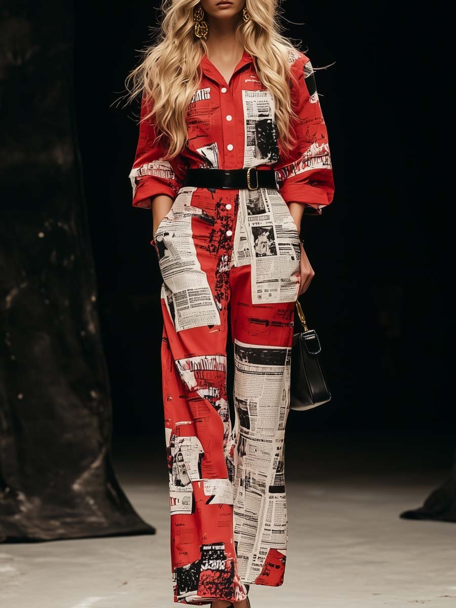 Personalized Trendy Belt Red Newspaper Print Shirt-style Jumpsuit