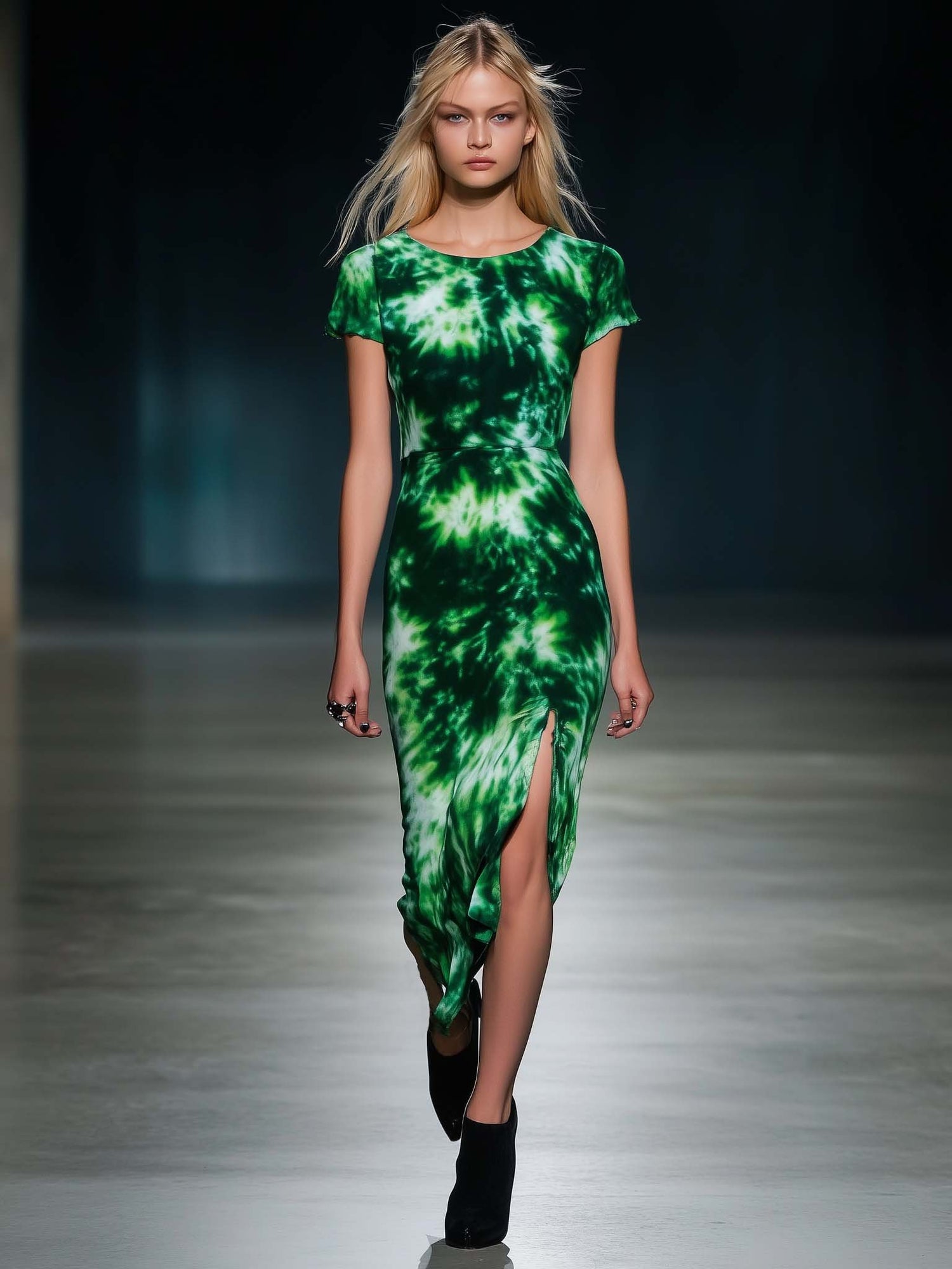 Art Print Emerald Green Short Sleeve Maxi Dress