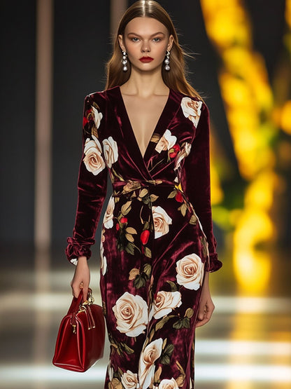 Fashion Retro Burgundy Velvet Rose Print V-Neck Long Sleeve Midi Dress