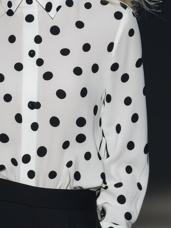 Versatile Polka Dot Lapel White Long-Sleeved Shirt