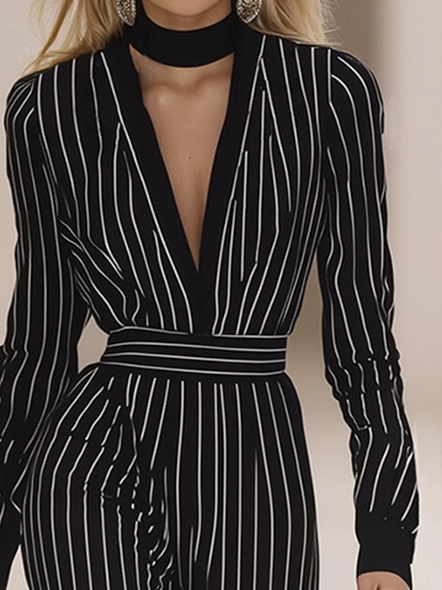 Elegant Classic Hollow Striped Long Sleeve Jumpsuit