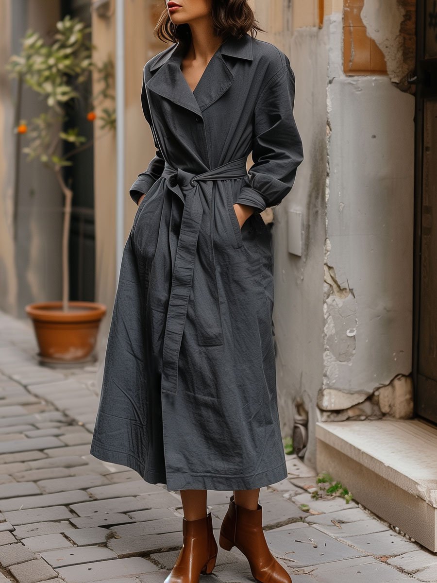 Casual Loose Vintage Pocket Belt Lapel Cotton Trench Coat