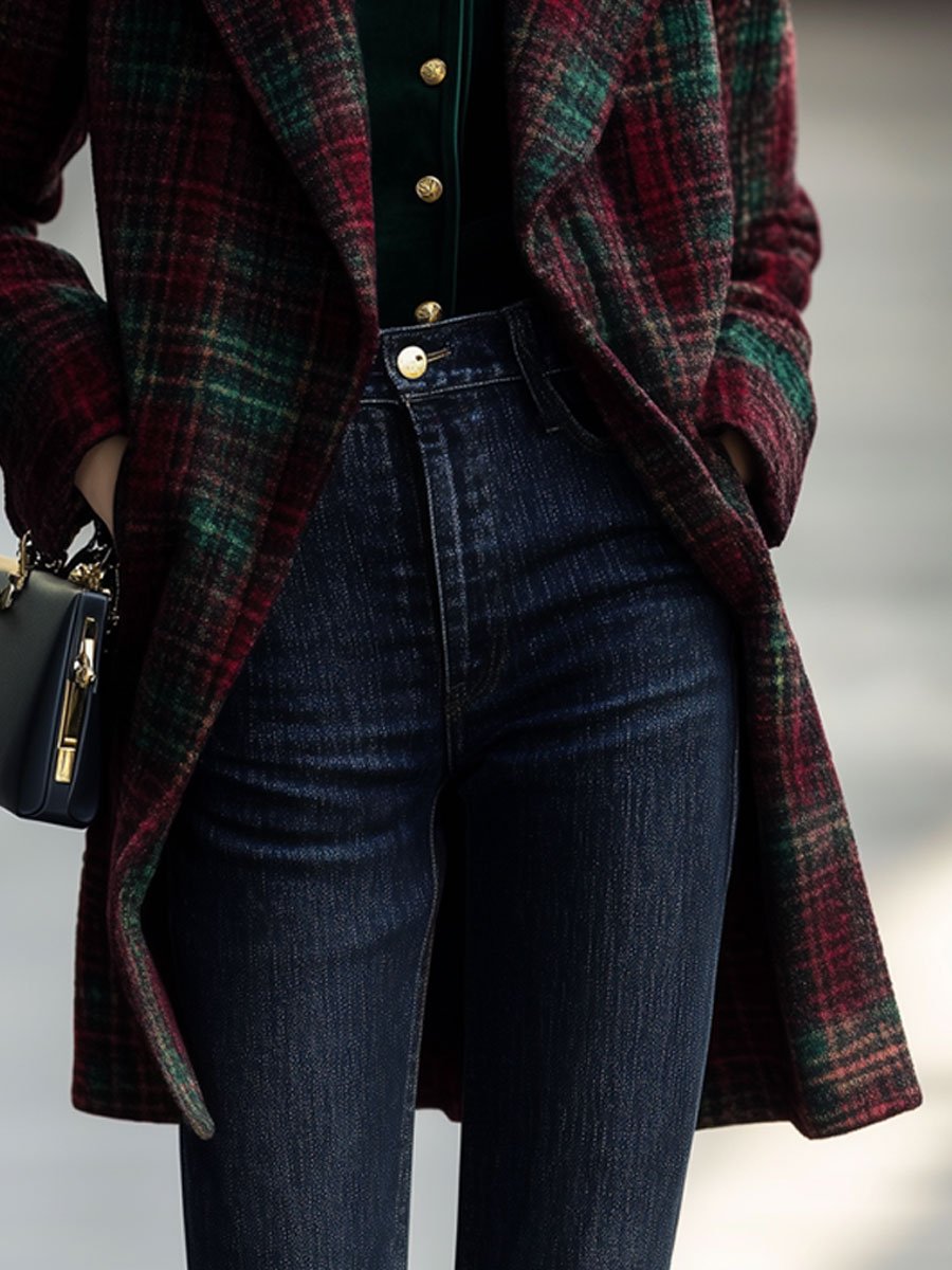 Casual Loose Retro Lapel Red And Green Plaid Woolen Coat