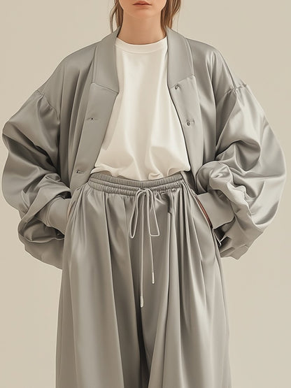 Elegant and Stylish Loose Gray Satin Puff Sleeve Casual Set