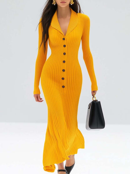 Elegant and Dynamic V-neck Slim Fit Yellow Knitted Maxi Dress