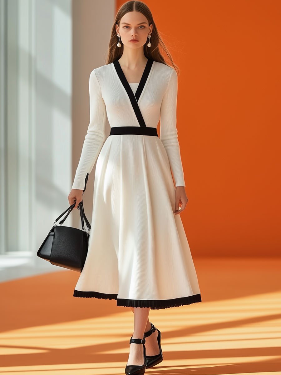 Fashion Retro Black And White Knitted Splicing V-Neck Long-Sleeved Midi Dress