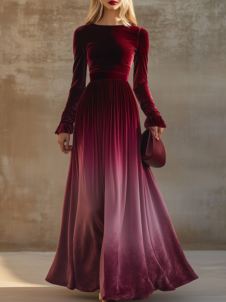 Elegant Straight Collar Trumpet Sleeves Burgundy Gradient Velvet Maxi Dress