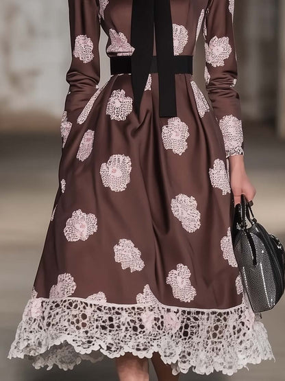 Elegant Tie-neck Pink Floral Print Lace Trim Brown A-line Midi Dress