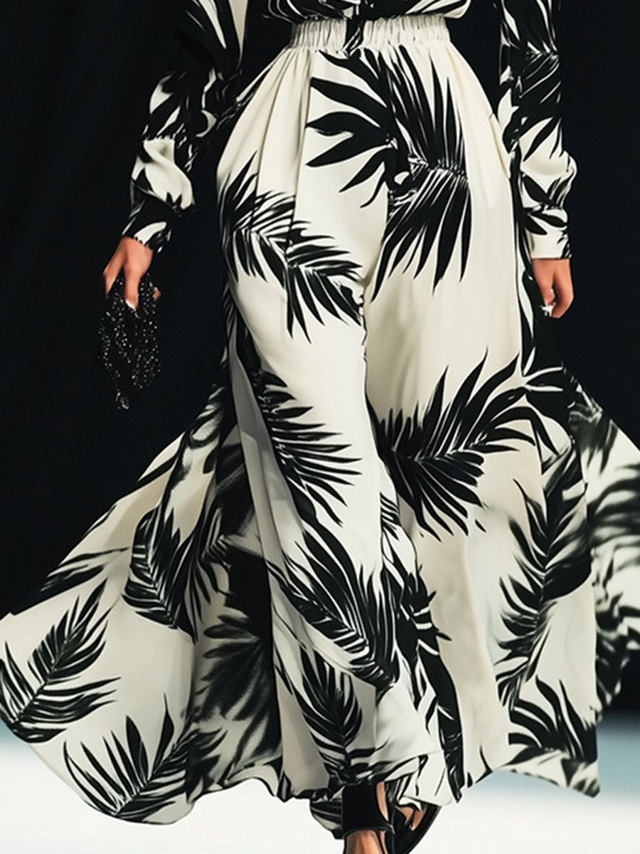 Retro Elegant Fashion Coconut Tree Print Wide Leg Jumpsuit