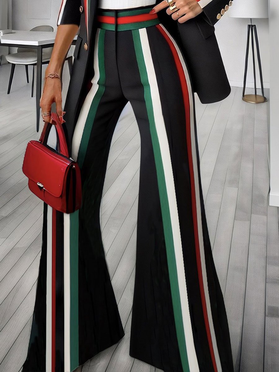 Casual Loose Retro Red, Green And White Contrast Striped Blazer Flared Pants Set