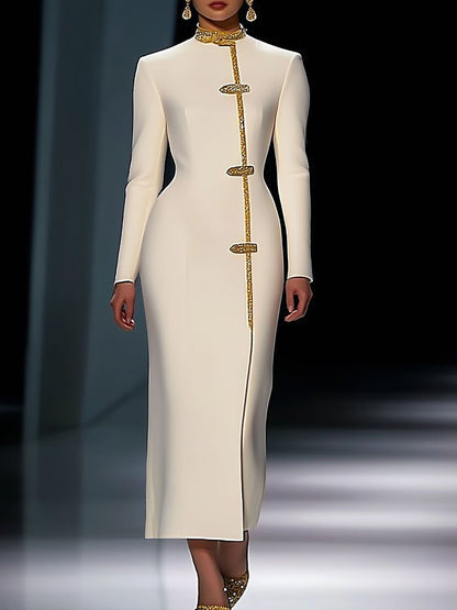 Fashion Party Gold Trim White Slim Fit Long Sleeve Midi Dress