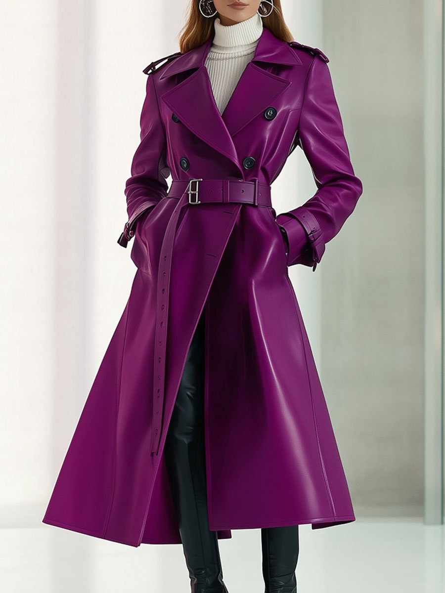 Casual Loose Retro Double-Breasted Lace-Up Purple Eco-Friendly Leather Trench Coat