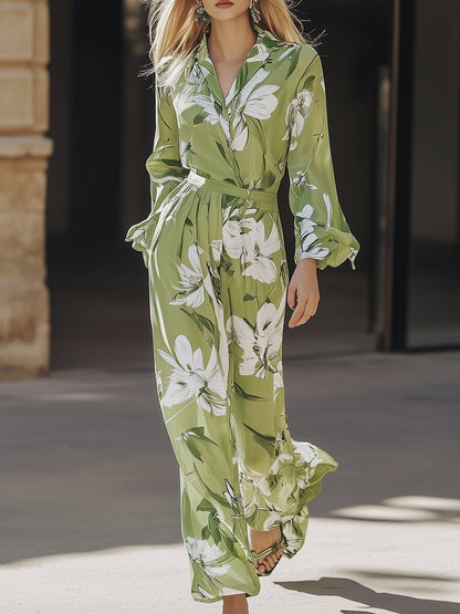 Casual and Loose Lapel Green Chiffon Print Long-sleeved Jumpsuit