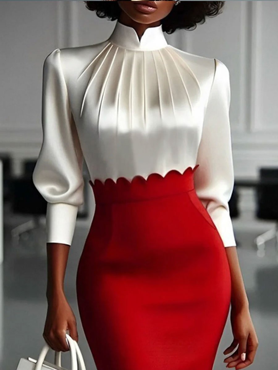 Fashionable Commuter Red And White Stand-Up Collar Long-Sleeved Mini Dress