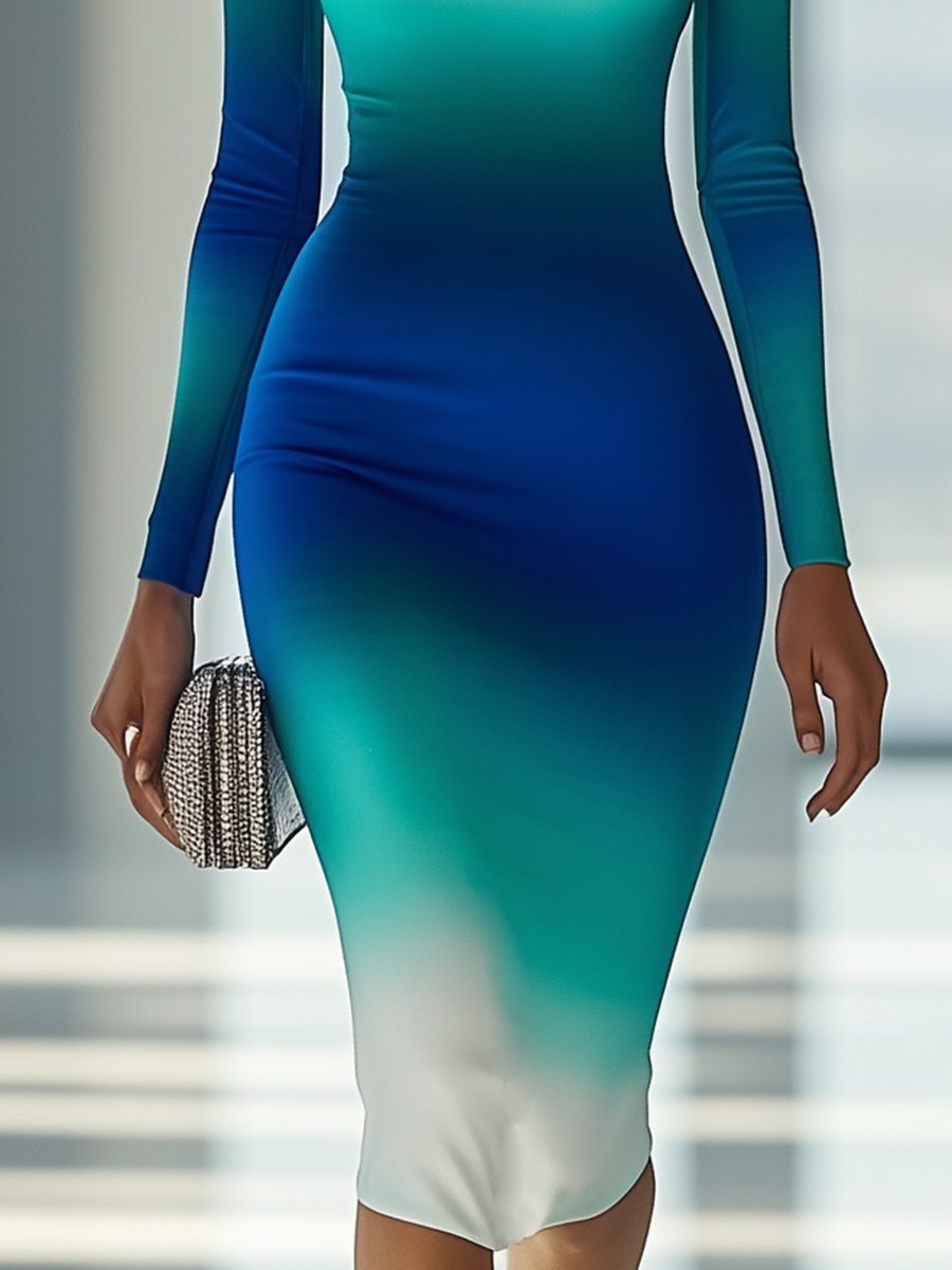 Personalized Boat-neck White Blue-green Gradient Long-sleeved Midi Dress