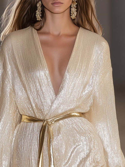 Easy V-neck Light Gold Glitter Textured Robe Mini Dress