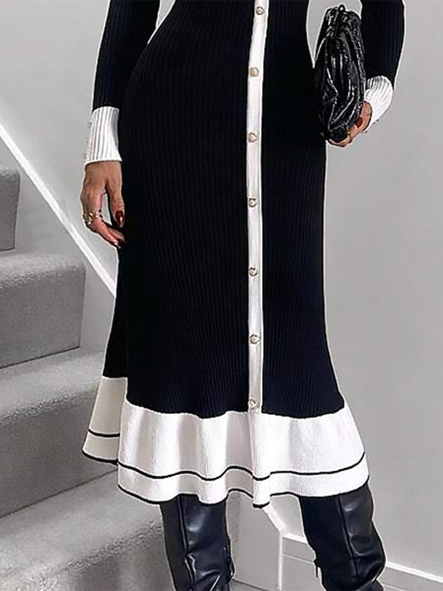 Elegant Fashionable And Exquisite Contrast Color Lapel Knitted Midi Dress