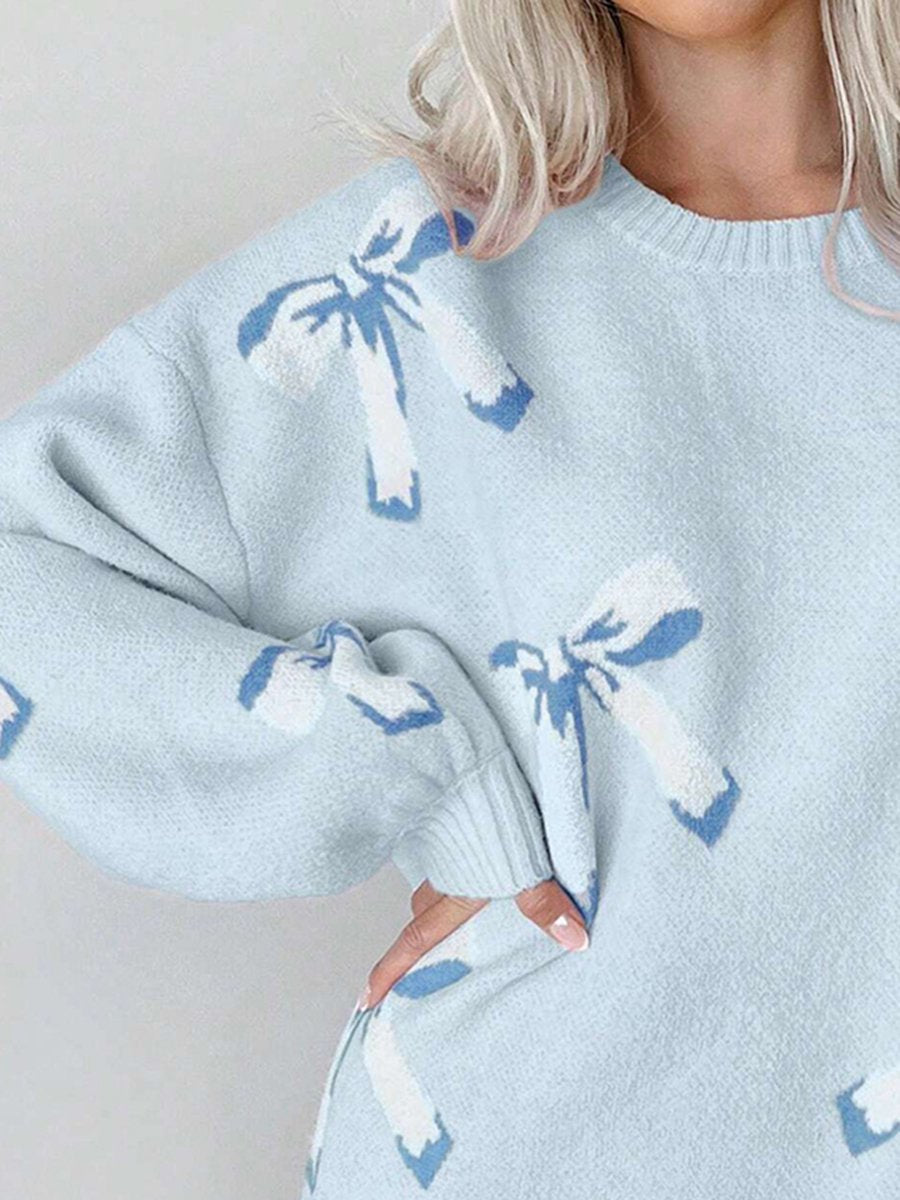 Loose-Fitting Bow Jacquard Pullover Sweater