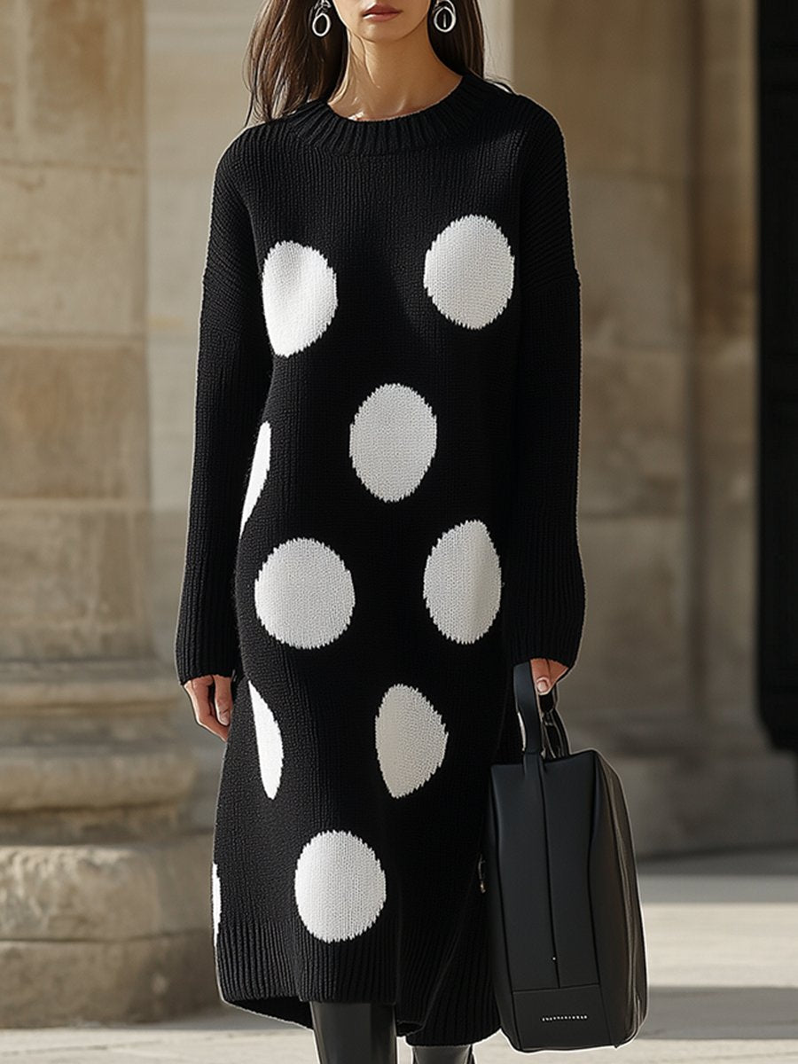 Retro High-End Fashionable Loose Polka Dot Round Neck Knitted Dress