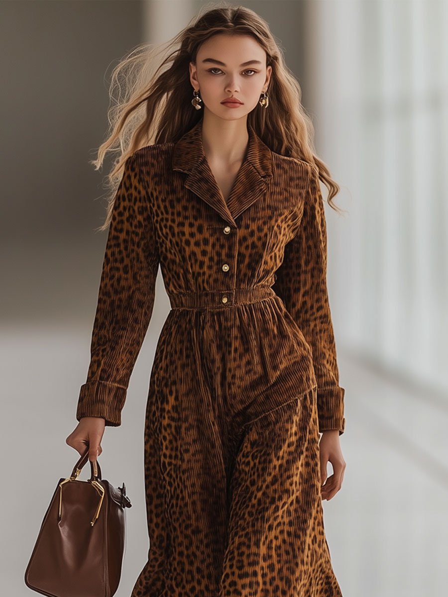 Casual Loose Vintage Corduroy Leopard Print Pocket Trench Coat Maxi Dress