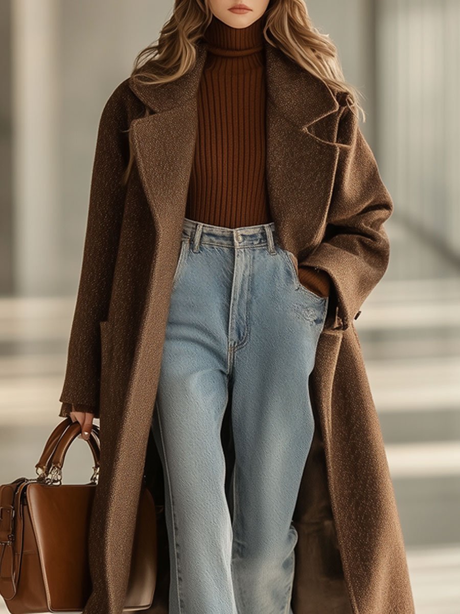 Casual Loose Retro Lapel Mid-Length Woolen Coat