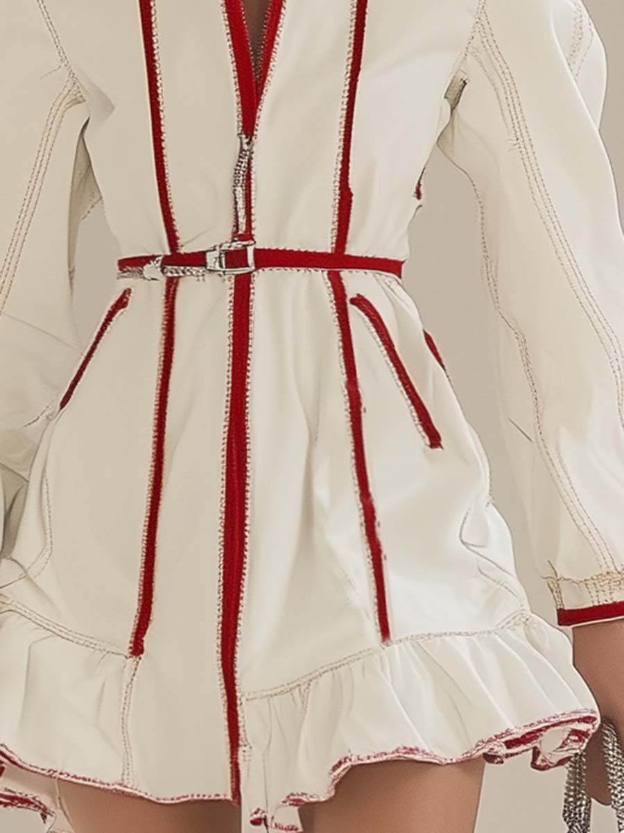 Fashion Front Zipper with Red Trim Off-white Denim Mini Dress