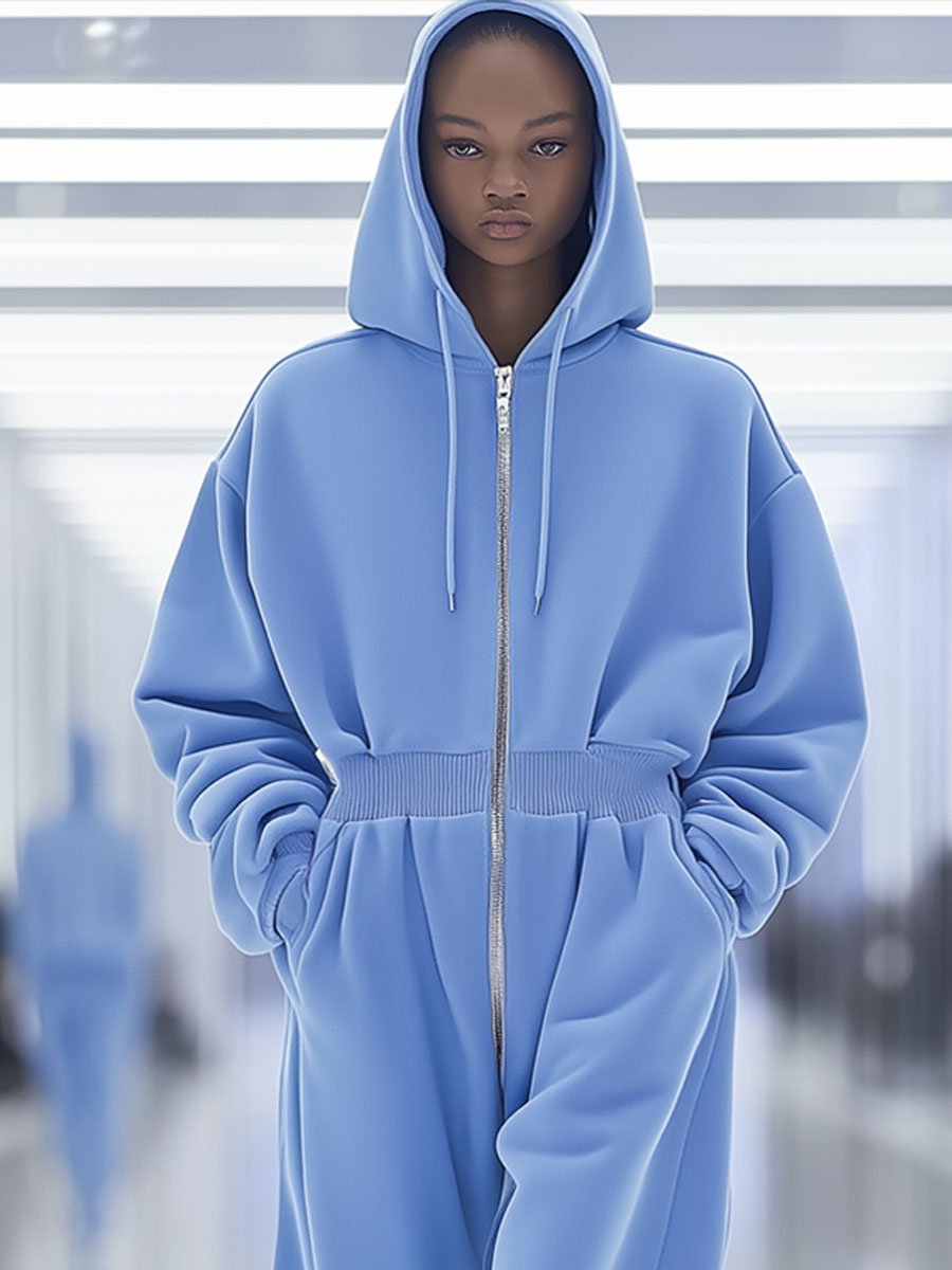 Casual Loose Fashion Zipper Elastic Waist Blue Hooded Sweater Jumpsuit